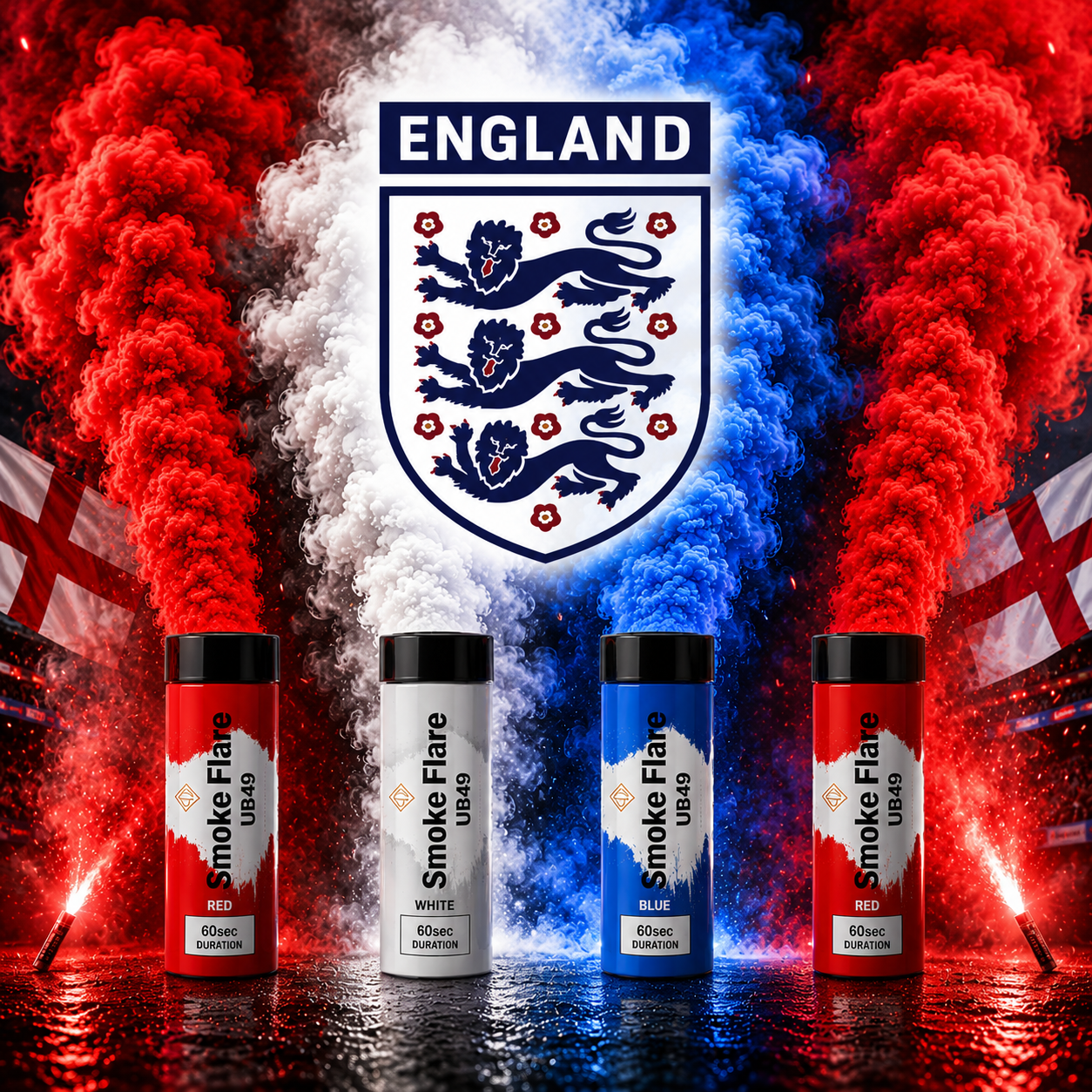 England Red, White & Blue Smoke Flares 4 Pack | 60 Second Pull Ring Smoke Bombs