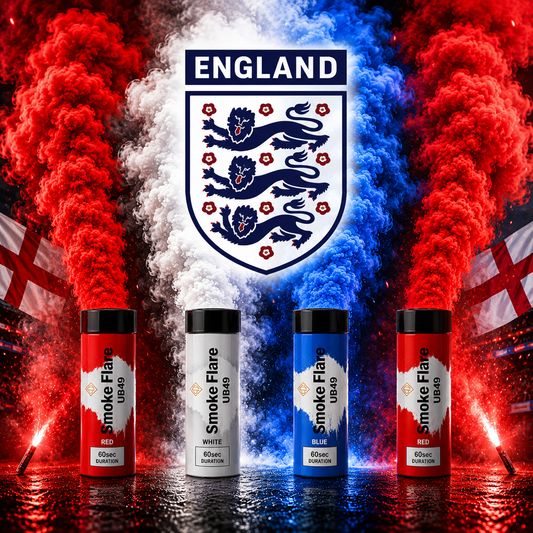 England Red, White & Blue Smoke Flares 4 Pack | 60 Second Pull Ring Smoke Bombs