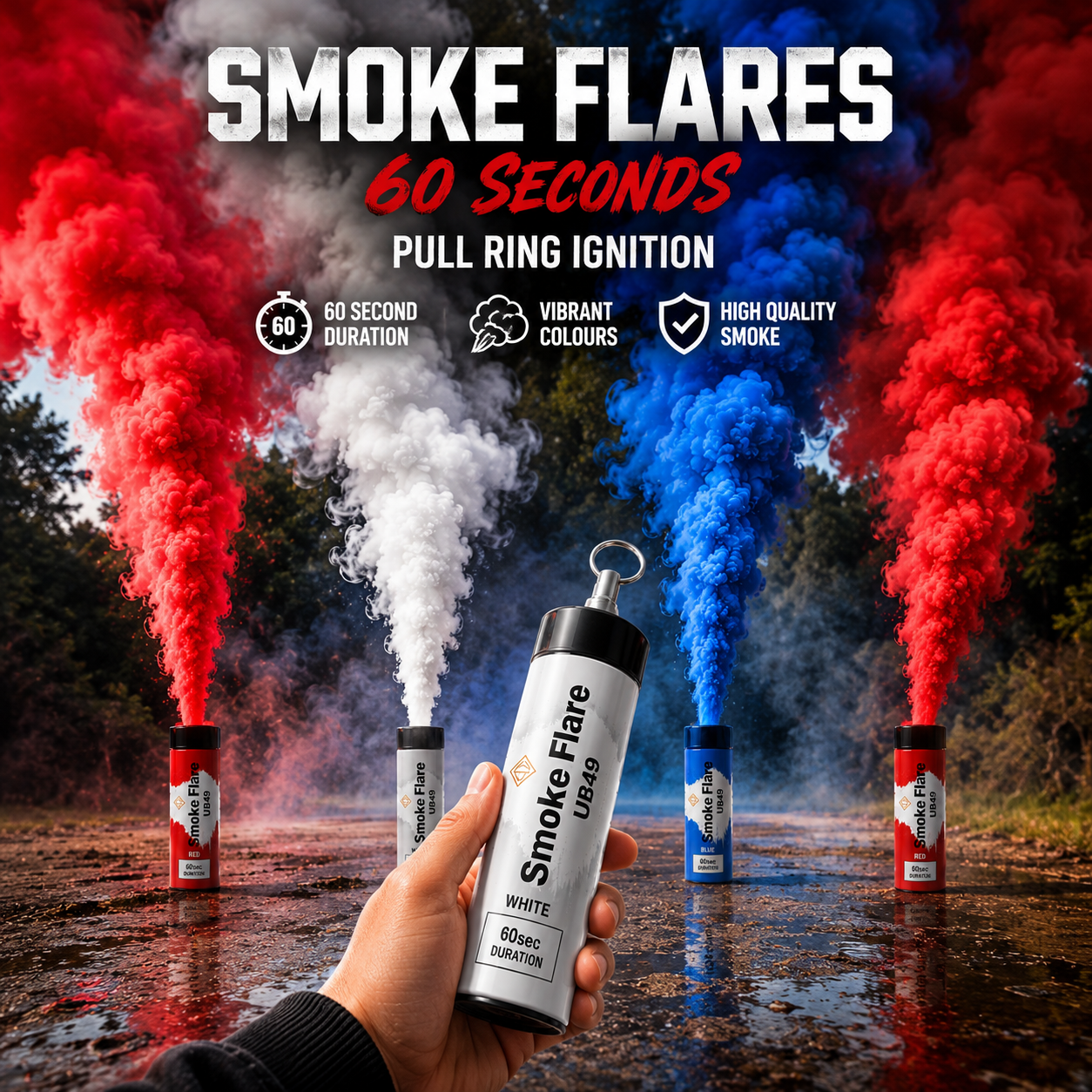 England Red, White & Blue Smoke Flares 4 Pack | 60 Second Pull Ring Smoke Bombs